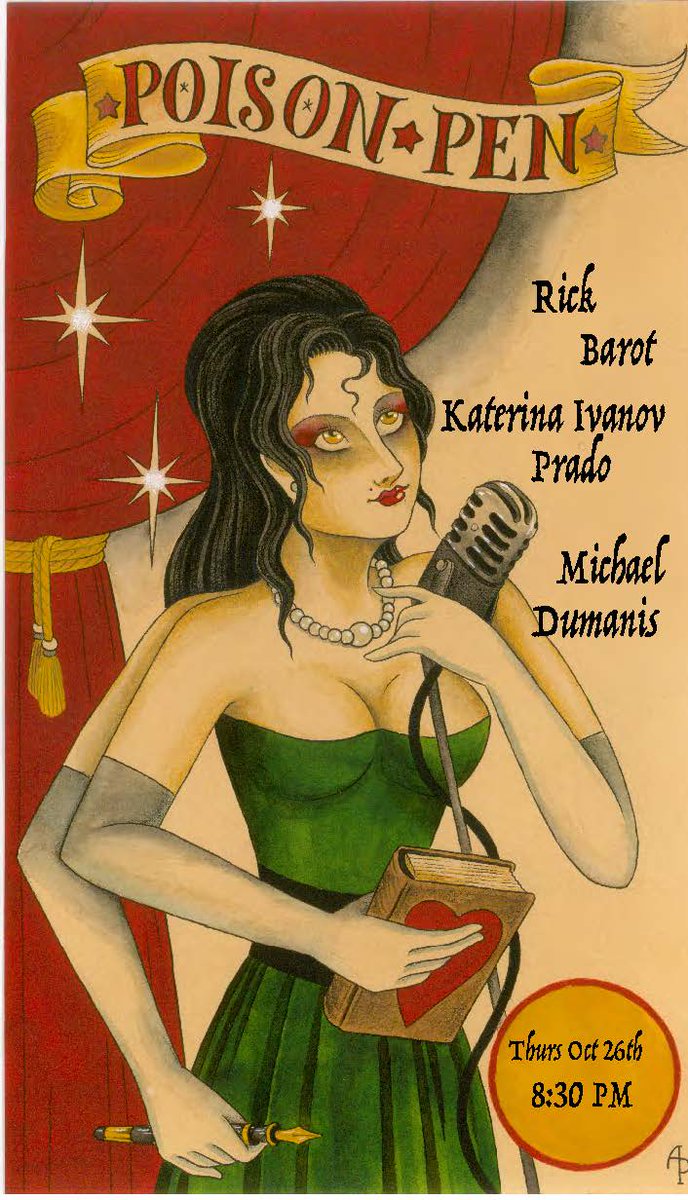 PoisonpenTexas's tweet image. Poison Pen this Thursday, 10/26. 
Come through!
Things kick off at 8:30(ish).

This month's readers:

Katerina Ivanov Prado
Rick Barot
Michael Dumanis