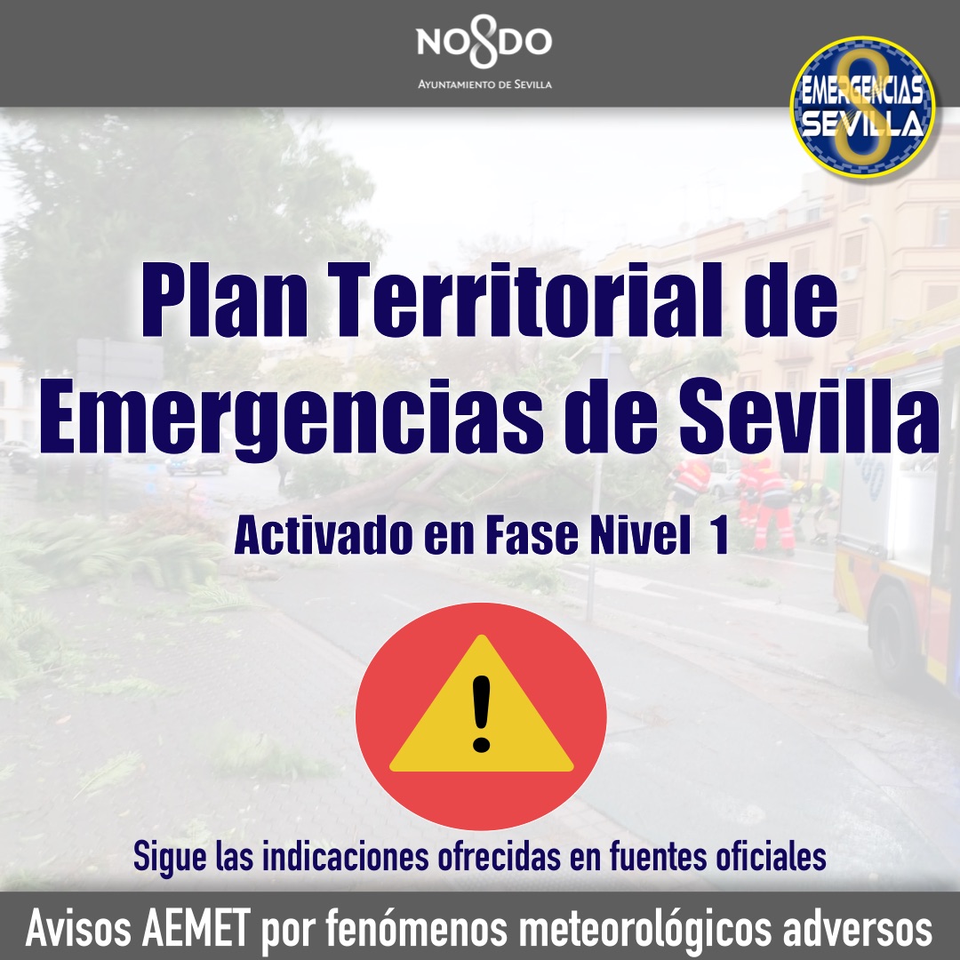 EmergenciasSev's tweet photo. 🟥 El @Ayto_Sevilla ha activado el Plan de Territorial de Emergencias de la ciudad de Sevilla en Fase Nivel 1.
Sigue las indicaciones de las autoridades a través de fuentes oficiales. 
Gracias por tu colaboración