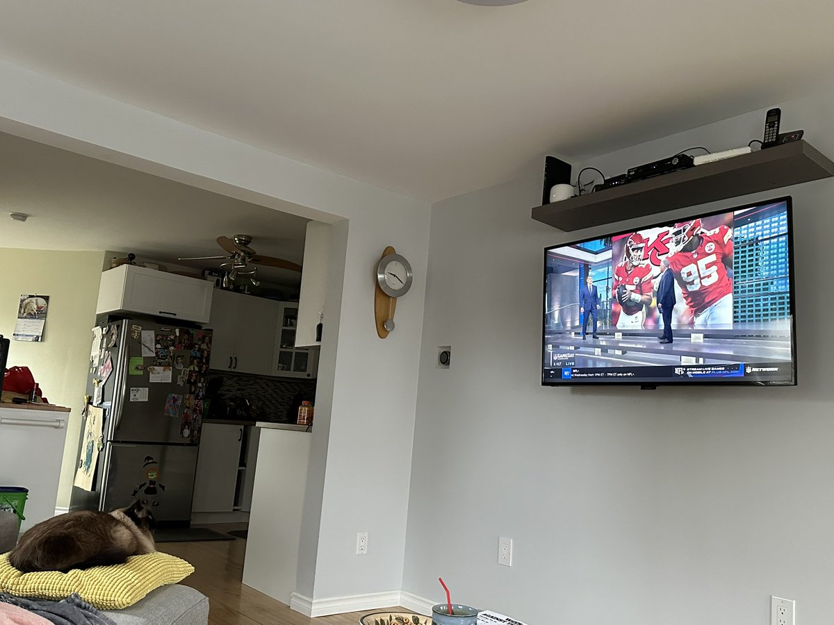 SparkyCharette's tweet photo. @NFLGameDay  Jasmine watching her favourite Game day morning crew!!! She wasn’t even scared when Champ came on the screen!@michaelirvin88 https://t.co/RETYVr3cAe