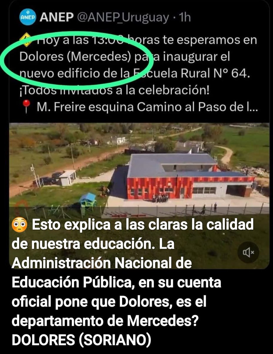 Sergiopazos7's tweet photo. La reforma educativa ya da resultados. La ANEP inaugura una escuela rural en Dolores (Mercedes) y no en Dolores (Soriano). https://t.co/HGikKwhQ2F