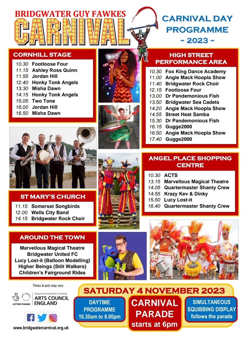 ⭐️ ENTERTAINMENT ⭐️

Here's our 2023 Daytime Entertainment Programme which takes place in the town centre on carnival day!

Thanks to <a href="/ace_national/">Arts Council England</a> for their support 👍

#BridgwaterCarnival 

(programme correct at time of posting)