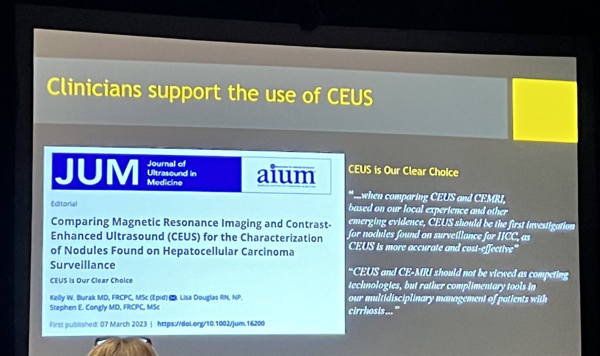 MRI and CEUS are complementing techniques for surveillance of HCC. Some clinicians prefer CEUS. Excellent talk by David Burrowes @sruradiology #SRU23