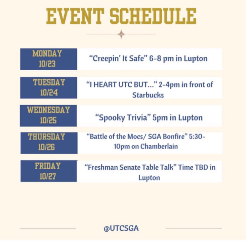 UTCLeadership's tweet photo. SGA Week begins tomorrow! Should be a great 5 days ahead. #utcmocs #utcleadership #liveoncampus #connect #utc27 #utc26 #utc25 #utc24 #utc23 @UTC_Echo @utc_engage @UTCSGAFreshmen https://t.co/Vw5tAeHX8x