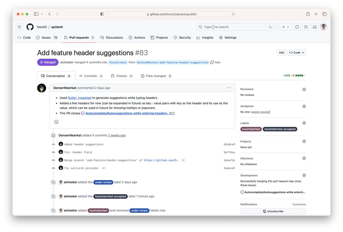 We just merged an awesome #hacktoberfest PR for API Dash 🎉
You can check out the amazing API client we are building in public using #flutter 
Github Link - github.com/foss42/apidash

#flutterdev #opensource <a href="/dart_lang/">Dart Language</a> <a href="/FlutterDev/">Flutter</a>
