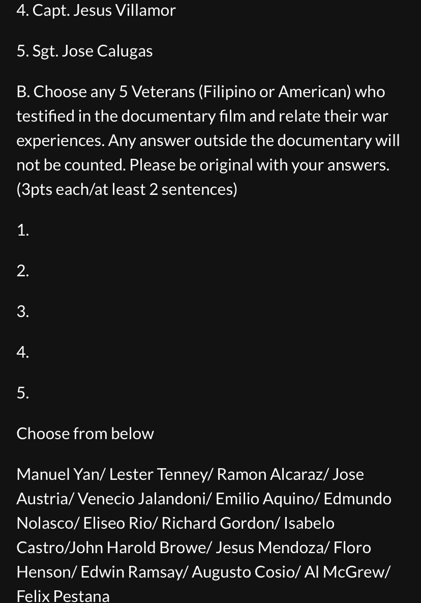 Lf: Acad commissioner
Deadline: wednesday, 10:00pm 
Drop rates 

Ins: Watch Legacy of Heroes The Story of Bataan and Corregidor