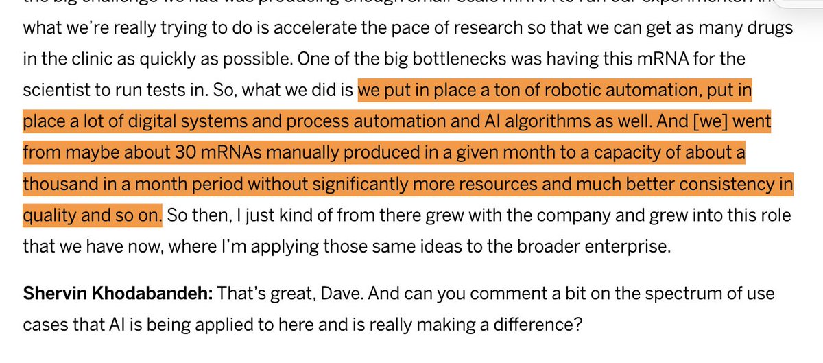 LouisAnslow's tweet photo. What AI doomers won't tell you: MODERNA uses AI to create its mRNA vaccines.

BEFORE AI it produced 30 mRNAs per month
AFTER AI it produced 1000 mRNAs per month
https://t.co/SNfCgv6591 https://t.co/VMxGbaSpNw