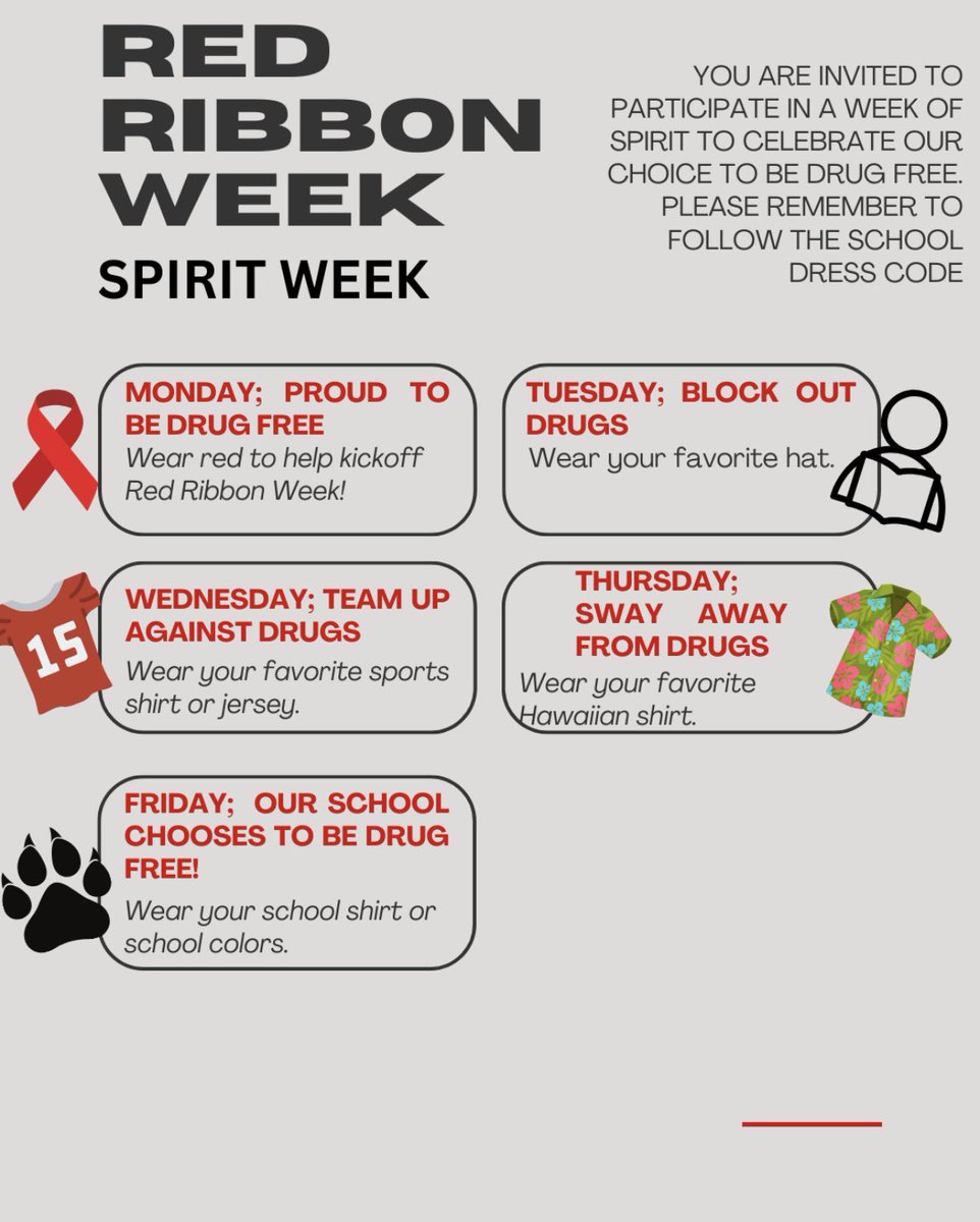 Monday, October 23rd kicks off Red Ribbon Spirit Week! See the flyer for designated spirit theme for each day.