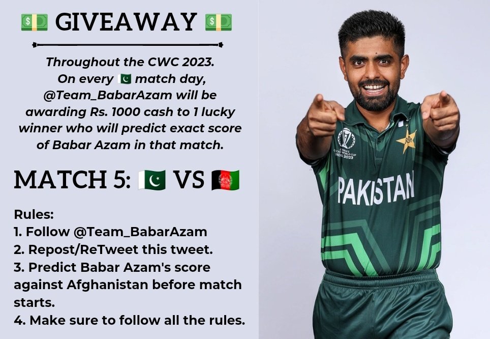 We are down, Not not out. #Mission23 moves to Chennai.

Predict Babar's score vs 🇦🇫 & get a chance to win 𝗥𝘀.𝟭𝟬𝟬𝟬 cash 💵

Rules
1. Follow @Team_BabarAzam
2. Repost this tweet
3. Predict  before the match begins (1:30 PM)
4. Make sure to follow all the rules

#BabarAzam |…