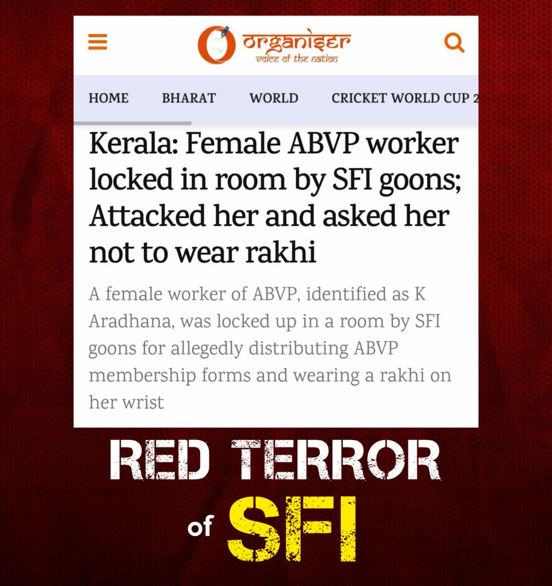 ABVPVoice's tweet photo. ABVP vehemently condemns the reprehensible incident where our girl student activist Aradhana, during a membership campaign at Govt Polytechnic College, Kannur, was subjected to harassment, physical assault, and illegal confinement in a dark room by SFI Goons. Such acts of inhuman assault have no place in any educational institution or civilized society. #ShameOnSFI

https://t.co/83hkGpbXoX