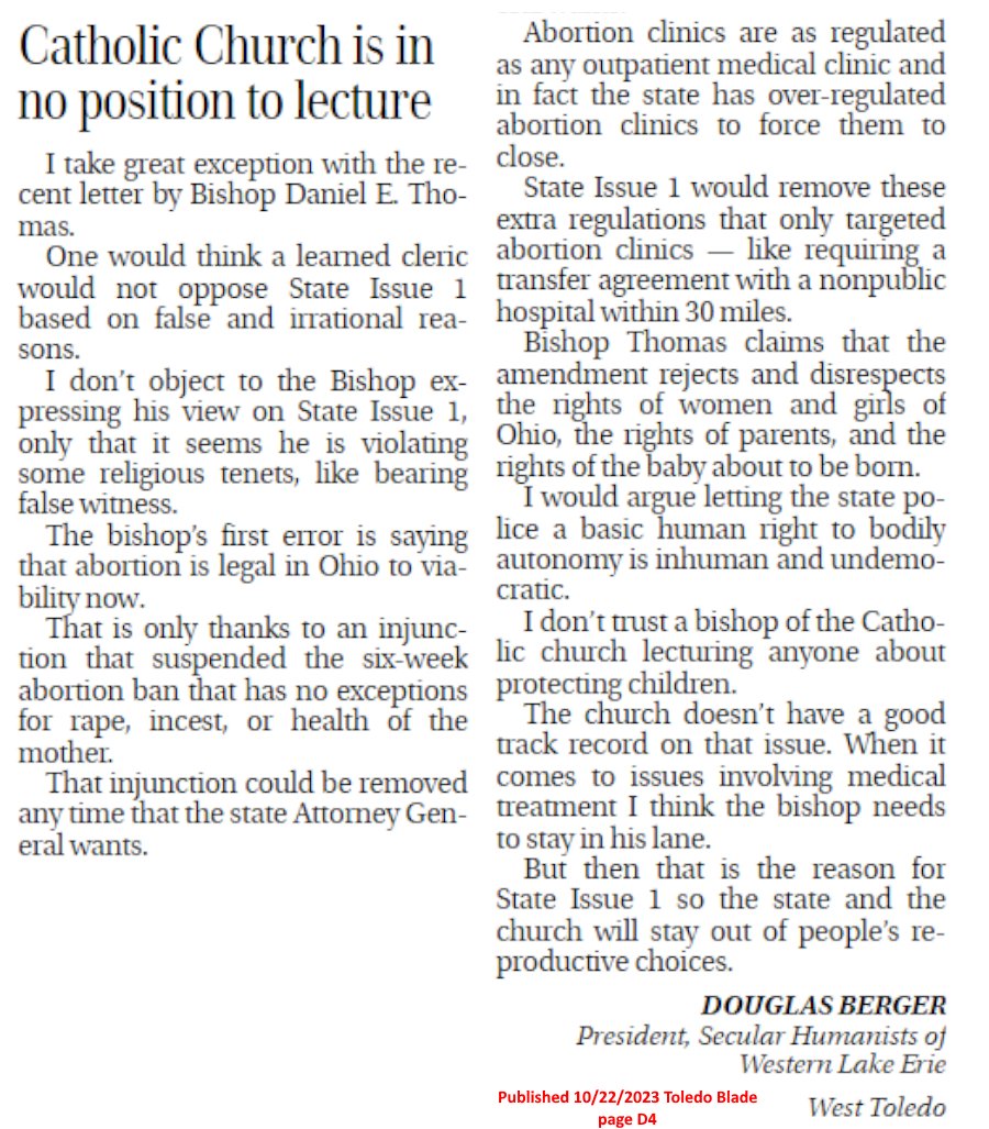HumanistsWLE's tweet image. SHoWLE President Doug Berger had a letter to the editor in the Toledo Blade this morning responding to a letter by Bishop Daniel E. Thomas of the  Diocese of Toledo that opposed State Issue 1 the Reproductive Rights Amendment. humanistswle.org/media