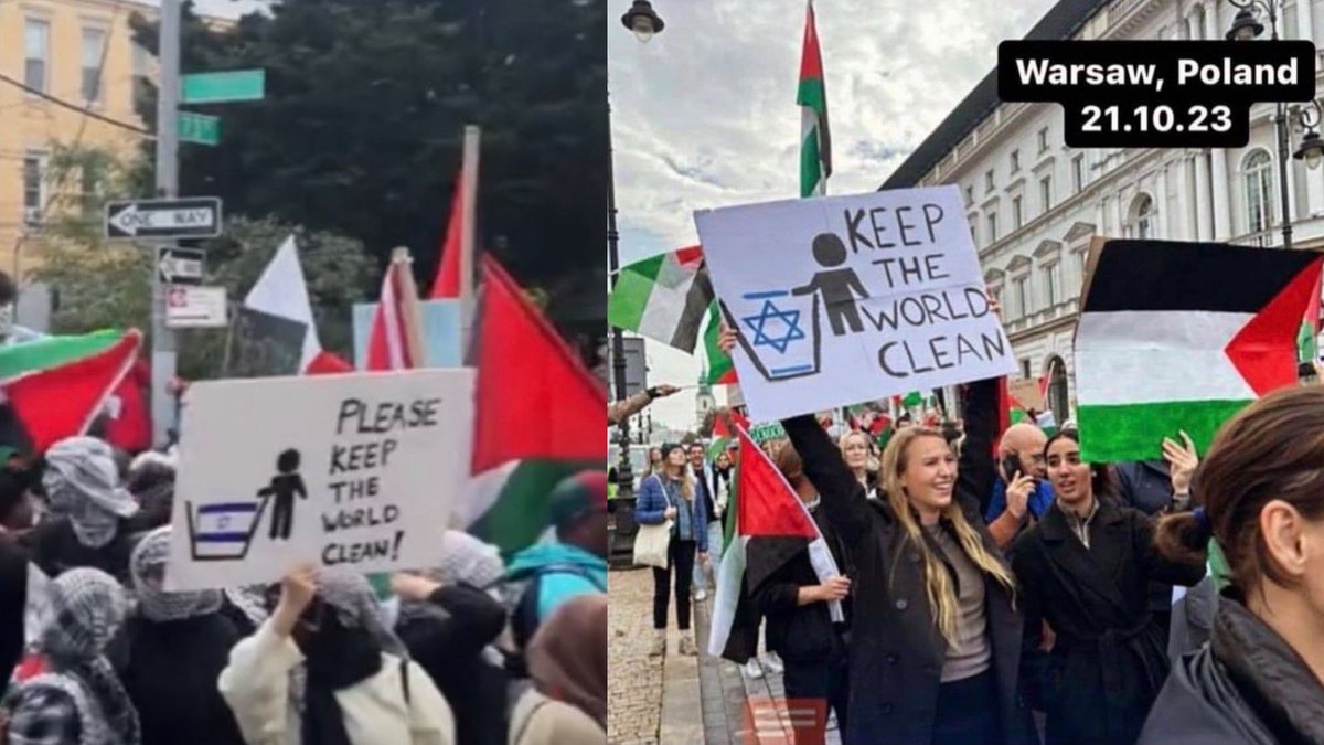 There were two rallies where participants were found holding up a sign featuring the Star of David that read: “Keep the World Clean.” The notion that the world must be “kept clean” of Jews is a genocidal antisemitic trope ripped right out of the Nazi playbook. The first
