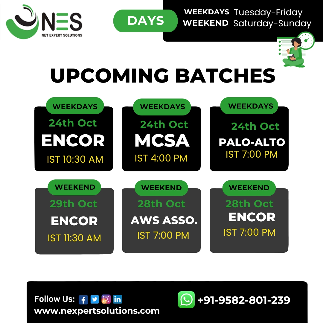 NESnetworking's tweet image. 𝗨𝗽𝗰𝗼𝗺𝗶𝗻𝗴 𝗕𝗮𝘁𝗰𝗵𝗲𝘀 𝗔𝗹𝗲𝗿𝘁 𝗯𝘆 𝗡𝗲𝘁 𝗘𝘅𝗽𝗲𝗿𝘁 𝗦𝗼𝗹𝘂𝘁𝗶𝗼𝗻𝘀!
𝗘𝗻𝗿𝗼𝗹𝗹 𝗻𝗼𝘄: nexpertsolutions.com
𝗖𝗼𝗻𝘁𝗮𝗰𝘁 𝘂𝘀: +91-9582-801-239
𝗘𝗺𝗮𝗶𝗹: info@nexpertsolutions.com
#ENCORTraining #MCSACertification #CCIEEnterpriseInfrastructure #CCIE