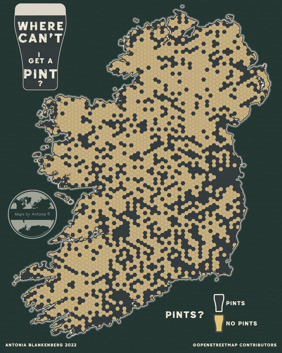 iamreddave's tweet image. Places in Ireland with and without a pub. Map by @MapsByAntonia
#ireland #IrelandMap #100daysofmaps #day39 #pints