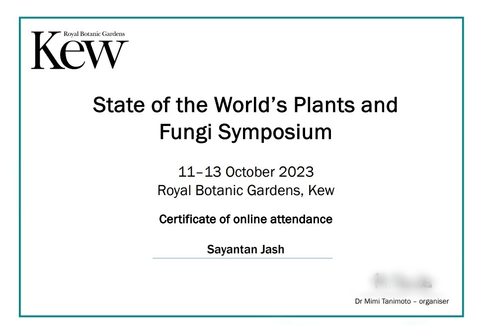 JashSayantan98's tweet image. A worthy addition to my CV with lots of learning from leading botanists and mycologists. Very happy to participate in the #sotwpf Symposium.

Thanks to @KewScience @KewMycology @MimiTanimoto