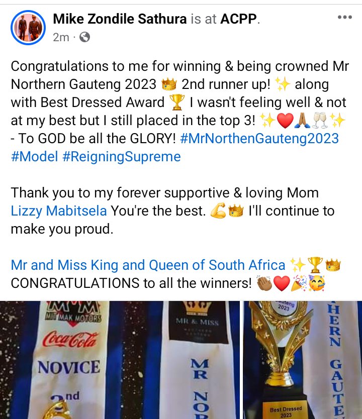 mikezondile's tweet photo. Congratulations to me for winning &amp; being crowned Mr Northern Gauteng 2023 👑 2nd runner up! ✨ along with Best Dressed Award 🏆 I wasn't feeling well &amp; not at my best but I still placed in the top 3! ✨❤️🙏🏽🥂✨ - To GOD be all the GLORY! #MrNorthenGauteng2023 #Model #PageantKing https://t.co/yvIIDqNZVc