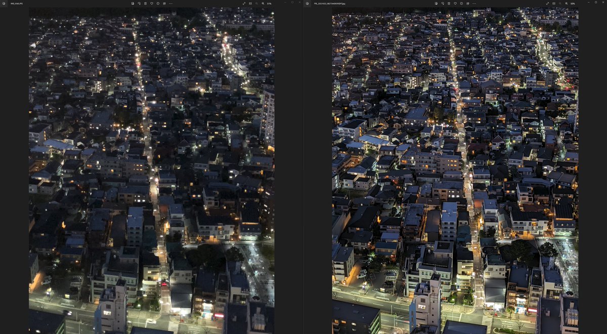 Fox_now's tweet image. 2019年から4年使用した2017年発売の #iPhone8Plus と購入したばかりの2023年発売の #Pixel8Pro の2台を持って近所をブラブラしてデータをチェック中。6年でカメラ性能がここまで進化したのか…と驚いてる。夜景モードやばぁ…🤯

左が8Plus、右が8Pro。奇数が全体、偶数が4K等倍。