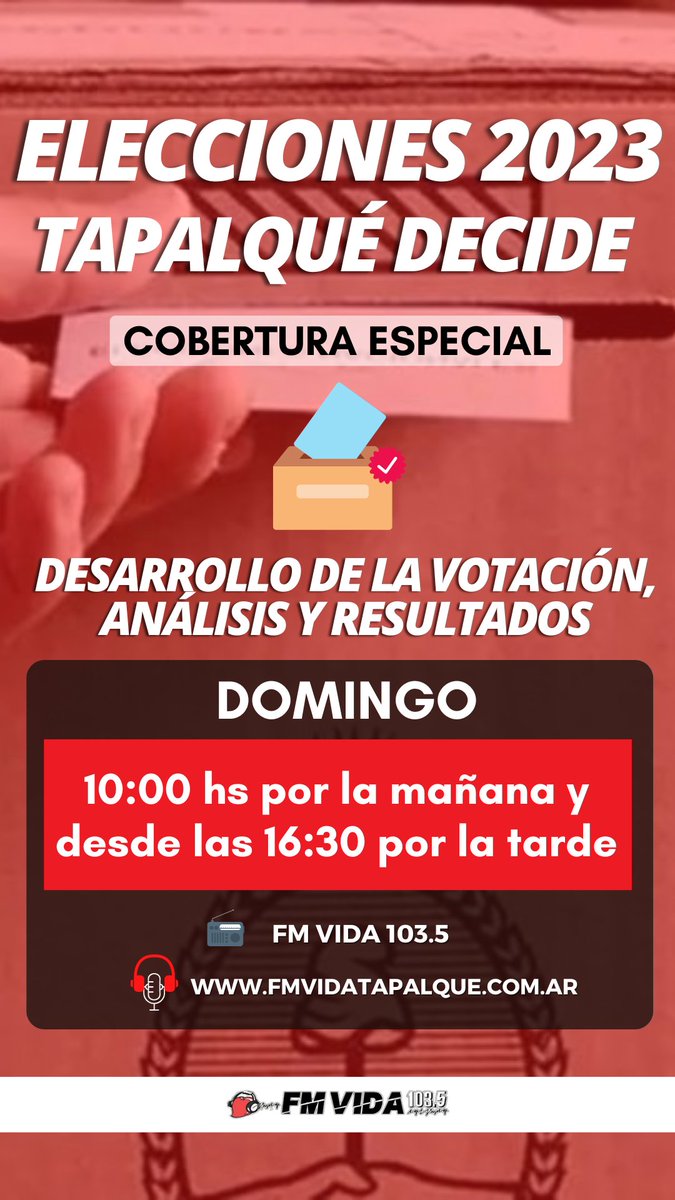 FMVIDA1035's tweet photo. 📲 Seguí la cobertura en Letra P
.
.
.
#Elecciones2023 https://t.co/FH0PYLpQTA