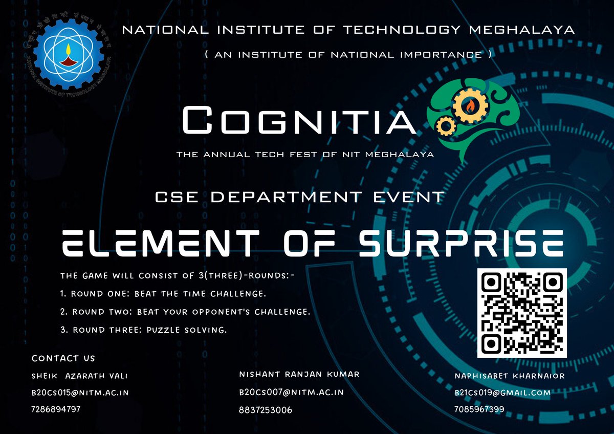 Computer Science Department is excited to present you “Element of Surprise” !! 

Life is already full of surprises and here is another surprise?! 
#nitmeghalaya #cognitia2023 #engineering #computerscienceengineering #elementofsurprise