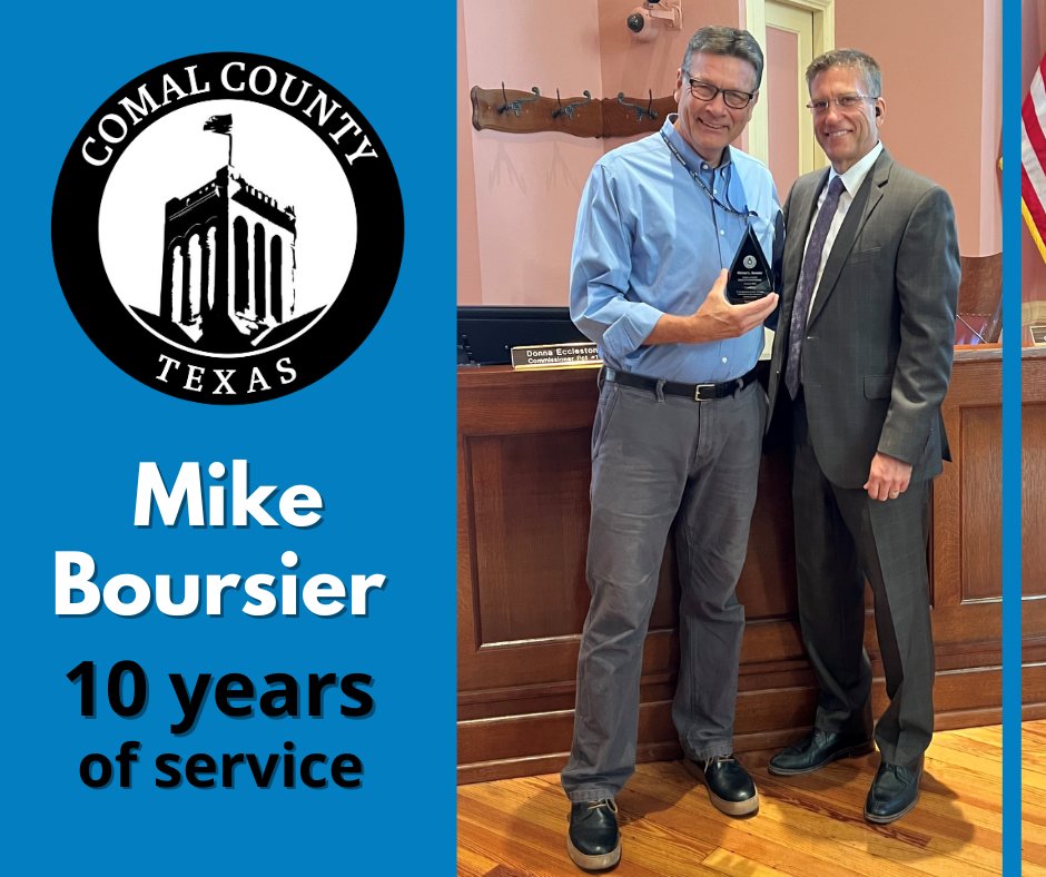 ComalCountyTX's tweet photo. It's time for a round of applause! 
Today we honor our incredible Facility Maintenance Director, Mike Boursier,  who has put in an impressive 10 years of service. 🎉 Here's to a decade of dedication, commitment, and excellence. 💯 #EmployeeRecognition #10YearsOfService https://t.co/HvffEjG7lE