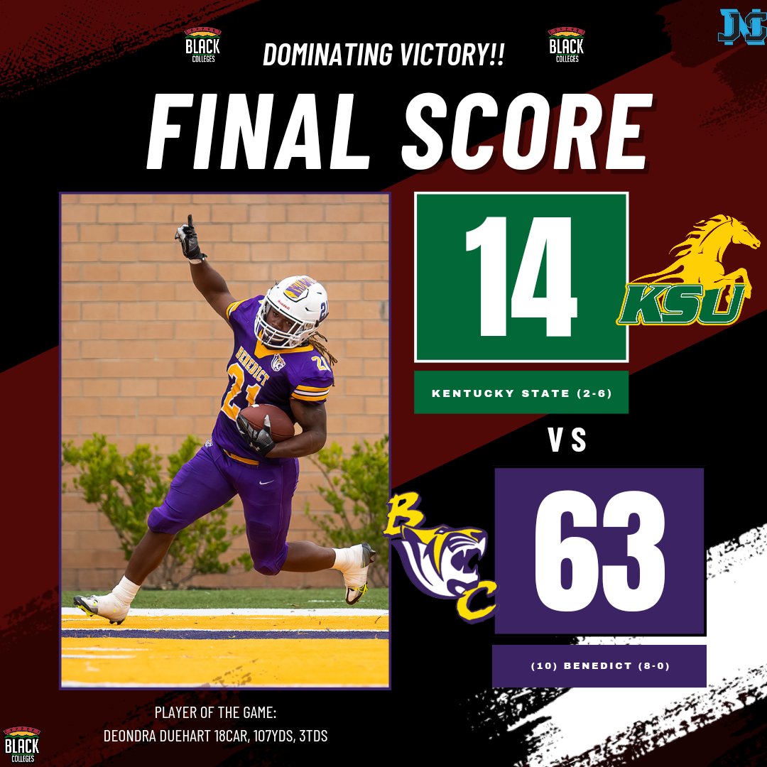 JAYSPORTSNETWO2's tweet image. (10) BENEDICT ROLLS TO A VICTORY ‼️ 

Final:
Kentucky State 14
(10) Benedict 63

Kentucky State falls to (2-6) and (10) Benedict improves to (8-0)

Player Of The Game: @DDuehart Deondra Duehart 18car, 107yds, 3tds

#jsnhbcufootball #hbcufootball #jaysportsnetwork