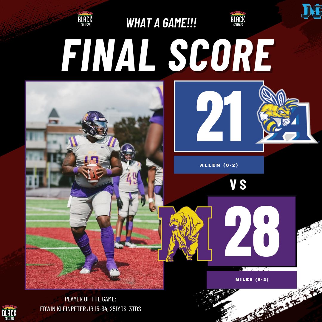 JAYSPORTSNETWO2's tweet image. WHAT A GAME‼️

Final:
Allen 21
Miles 28

Allen falls to (6-2), and Miles improves to (6-2)

Player Of The Game: @sayy_klein Edwin Kleinpeter Jr 15-34, 251yds, 3tds

#jsnhbcufootball #hbcufootball