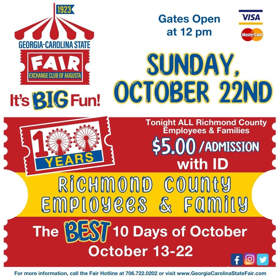 We appreciate our Richmond County Employees and their Families!!  Show your ID for $5.00 ADMISSION!  It’s BIG FUN🎡🎢🎠

#GeorgiaCarolinaStateFair #itsbigfun #thebest10daysofoctober #GCSF #GCSF2023 #exchangeclubofaugusta
#100yearsofBEST