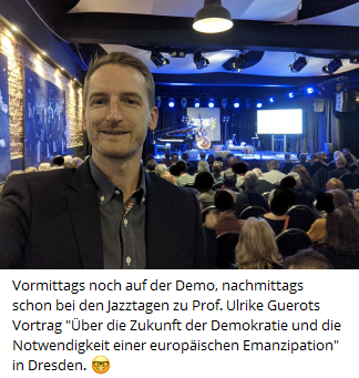 dd_nazifrei's tweet photo. Dank unkritischer Förderung von Kilian #Forsters #Jazztagen in #Dresden durch die Stadt, können sich rechte & verschwörungsideologische Szene dort nun feiern. Morgens noch auf der #Nazi-Demo, nachmittags bei der #FakeNews-Schleuder #Guerot. #Fuchs #DD2210 @Stadt_Dresden https://t.co/WO9Szr4etx