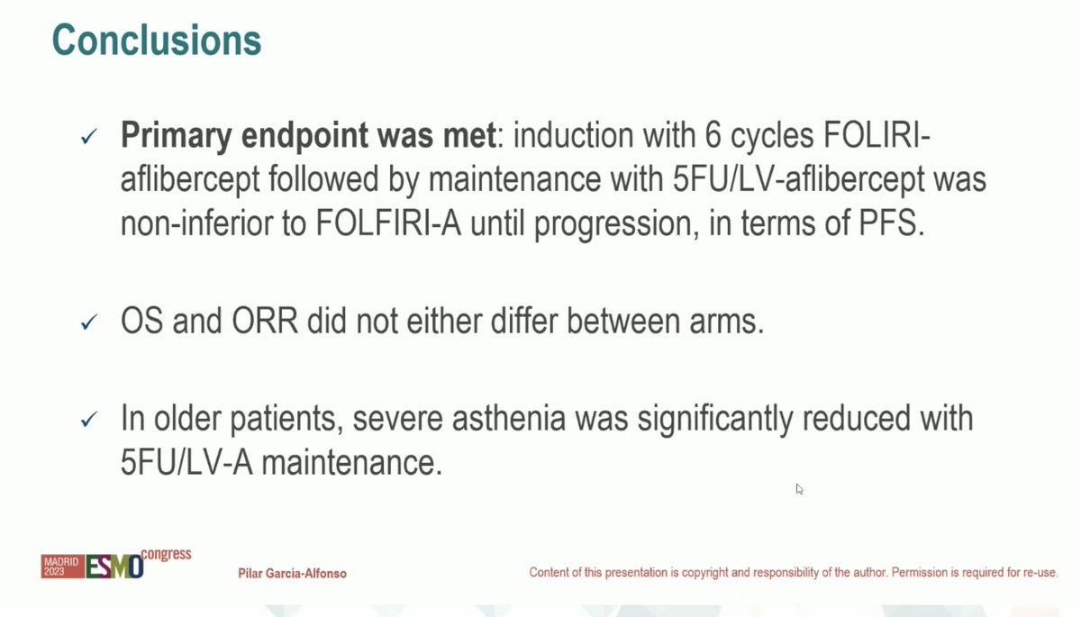 🔥Maintenance with 5FU/LV-Aflibercept after FOLFIRI-Aflibercept vs treatment until progression in older pts in 2nd line mCRC: #ESMO23
✅ AFEMA trial, age >70 yrs
👉ORR 20 vs 9%
👉mPFS 6.1 vs 5.5 mo
👉mOS 12.2 vs 11.5 mo
🧐non-inferiority for PFS shown, ORR & OS did not differ,