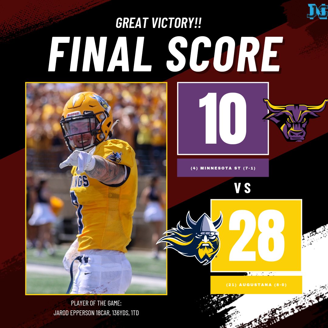 JAYSPORTSNETWO2's tweet image. DOWN GOES (4) MINNESOTA STATE 👀👀

Final:
(4) Minnesota 10
(21) Augustana 28

(4) Minnesota falls to (7-1), and (21) Augustana improves to (8-0)

Player Of The Game: @EppersonJarod Jarod Epperson 18car, 136yds, 1td

#jsnd2football #d2football #collegefootball