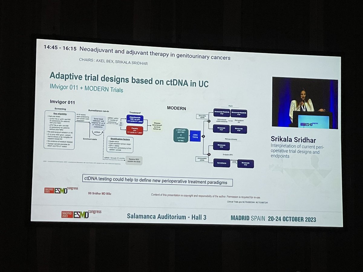 An eloquent discussion from @kalasri3 on periop trials, highlighting LN positive #bladdercancer as opportunity & upcoming @ALLIANCE_org #MODERN trial for adjuvant #bladdercancer. Great discussion on endpoints. @myESMO #ESMO23 @OncoAlert