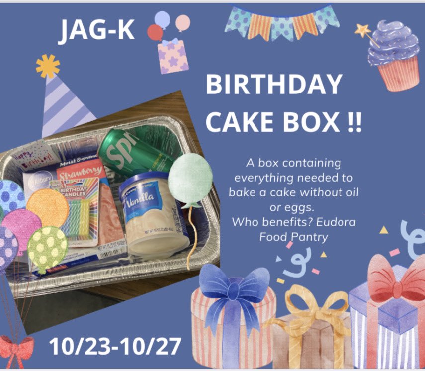 AOW this week is the JAG-k drive for the Eudora food pantry (cake-in-a-box). On the family trip to the grocery store try to pick up supplies. Let’s help make some and provide birthday cakes for Eudora families in need!