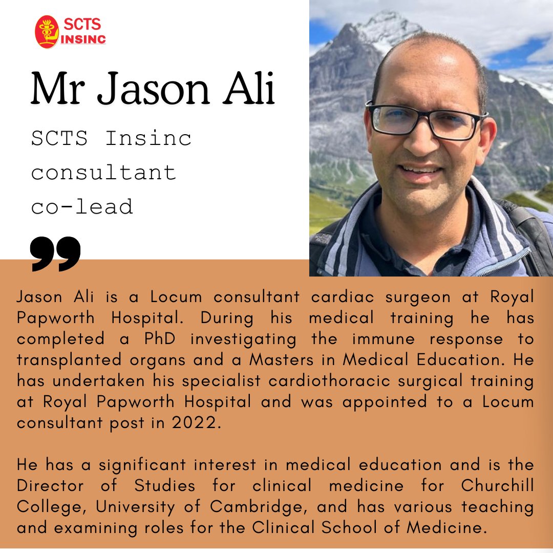 Announcing our new SCTS INSINC consultant co-lead, Mr Jason Ali. Mr Ali will be joining Professor Farah Bhatti in co-leading the direction of SCTS INSINC! Congratulations and we look forward to working with you in the Society.