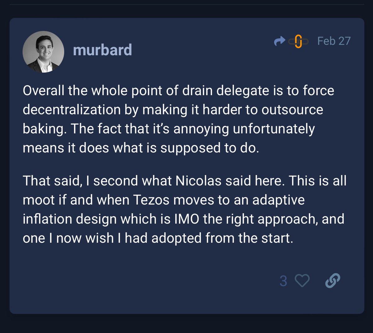 BakingBenjamins's tweet image. #AdaptiveIssuance should have been there from the start. 

Tezos is currently not winning market performance awards, to the point of pain. 

Q: What’s this adaptive issuance? 

A: It’s protecting the chain the same or more as now and paying less than now by way of inflation.