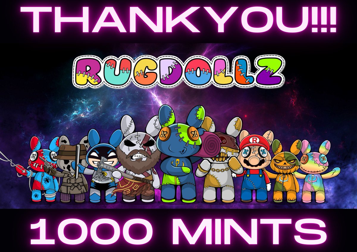We just did a thang :D

Super excited to of hit a milestone! 
Thanks to our amazing RugDollz community!

Lets keep going!

1001/4500!

#MintingNow #RugDollz #NFTsareBack