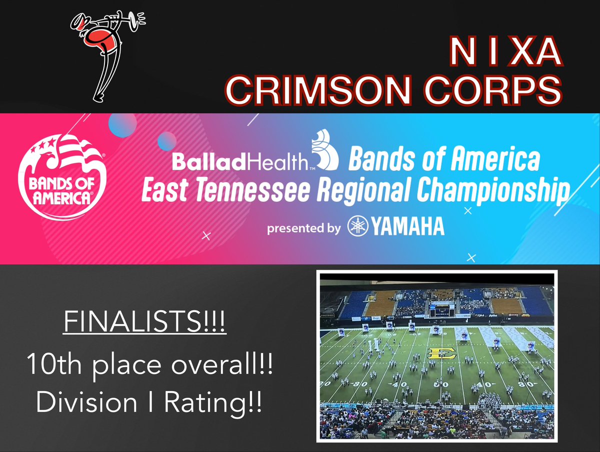 nixabands's tweet photo. Saturday the Nixa Crimson Corps participated in the Bands of America Regional Championship held in Johnson City, TN. The Crimson Corps was named a Finalist, earning 10th place overall and a Division I rating! Congratulations on this National level accomplishment! https://t.co/TqCnGQXqmZ