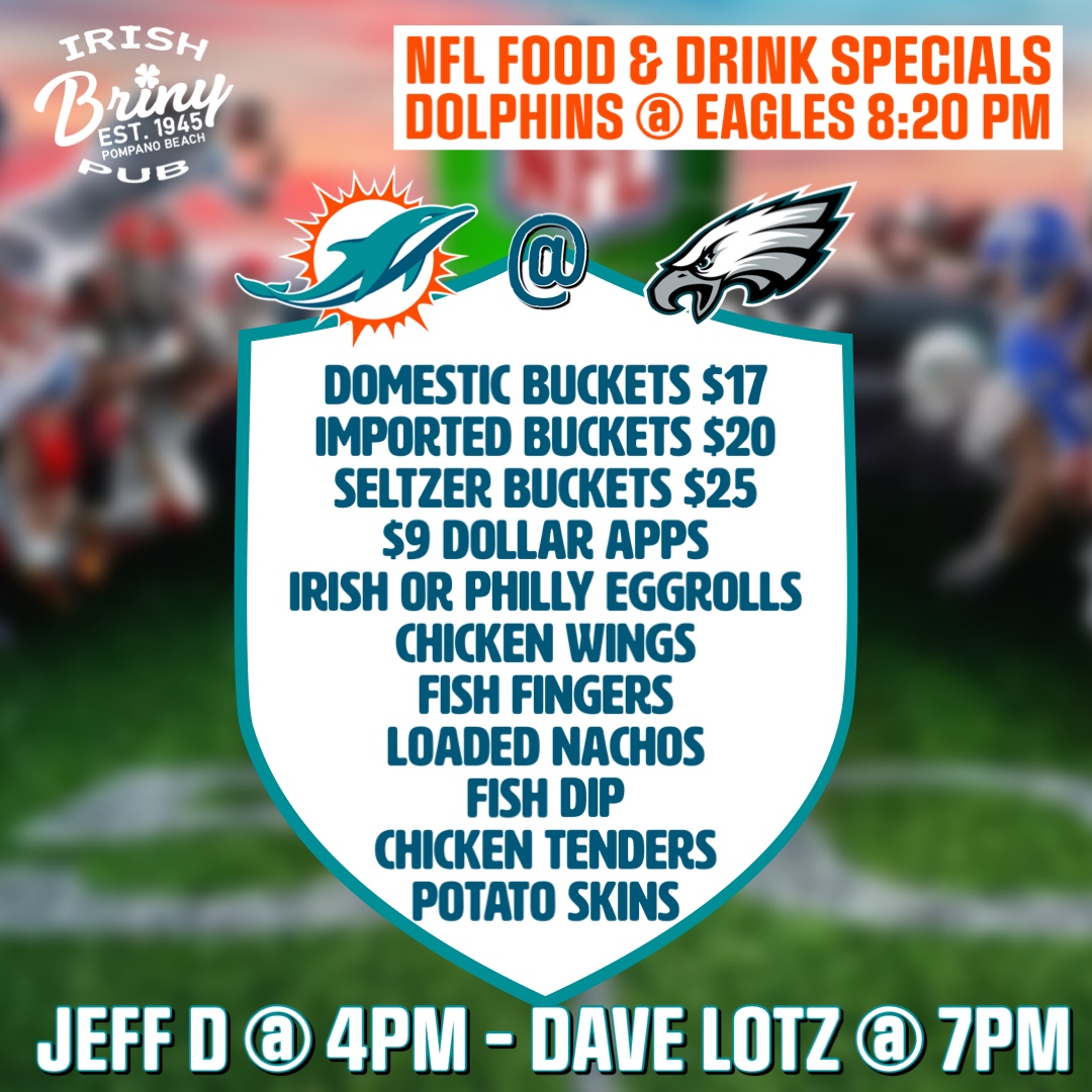 brinypubpompano's tweet photo. Sunday 10/22/23 Live music starts at 4PM, we have all the games on our HDTV's. Stop by for Ice Cold Beer &amp; Fresh Food on Pompano Beach! Dolphins @ Eagles 8:20 PM #nfl #miamidolphins #pompanobeach #beachbar #livemusic #brinyirishpub #localmusic #craftbeer #jeffd #davelotz https://t.co/jFjXlVVUk2