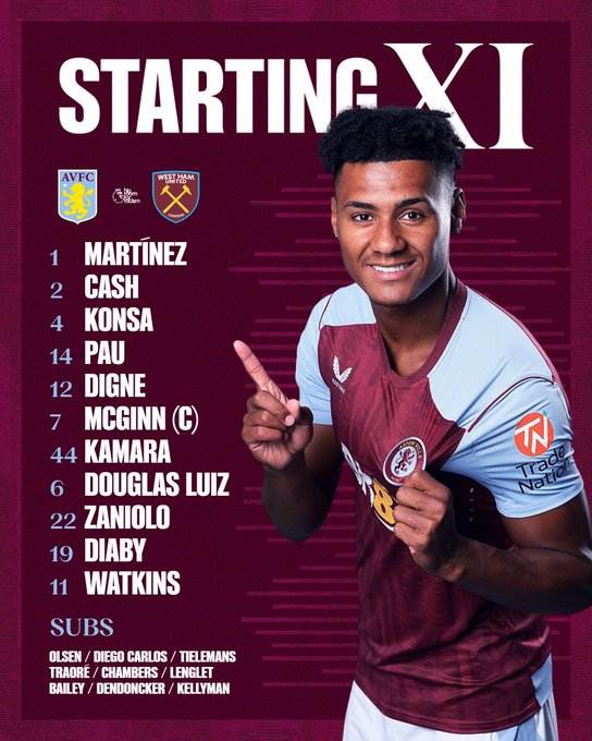 Aston Villa team to face West Ham United: Martínez, Cash, Konsa, Pau, Digne, McGinn (captain), Kamara, Douglas Luiz, Zaniolo, Diaby, Watkins. Substitutes: Olsen, Diego Carlos, Tielemans, Traoré, Chambers, Lenglet, Bailey, Dendoncker, Kellyman.