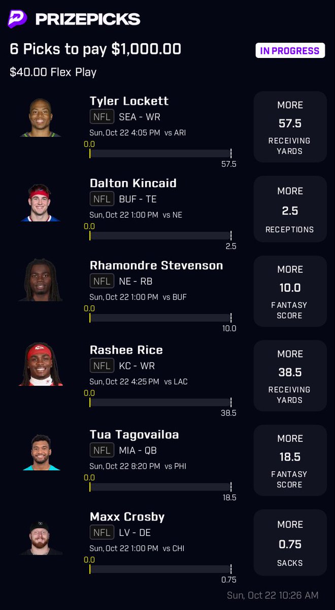 NFL 6 MAN 🏈⭐️

$40 -> $1,000 💸

$100 giveaway if this goes 6/6! 🔥
like/rt to enter. ✅

this looks so surgical based on matchups &amp; game scripts. 🎰

#PrizePicks | #GamblingTwitter
#PlayerProps | #GamblingX