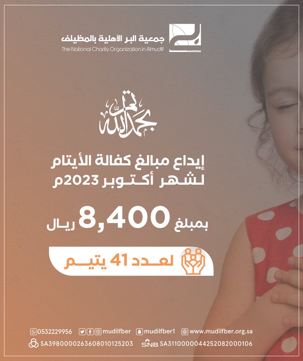 بفضل الله سبحانه وتعالى ثم بعطائكم، 
تم إيداع مبالغ #كفالة_يتيم 
لشهر أكتوبر 2023م 
بمبلغ :
8,400 ريال
استفاد منها :
41 يتيم.

#المظيلف
#بر_المظيلف