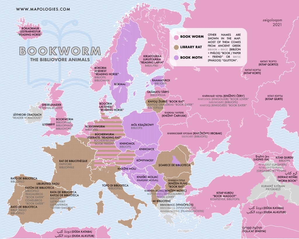 Mapologies_com's tweet photo. Bookworms in other languages can be moths, rats… or even horses! 

https://t.co/6MYbuD3fV7

#language #translation #mapologies #maps https://t.co/5Xn61xKcNX