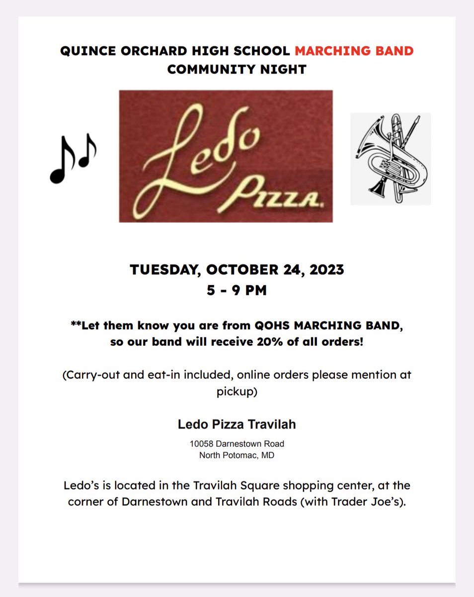 Our band is hosting a fundraiser this Tuesday.  Feel free to avoid cooking and eat some delicious pizza!