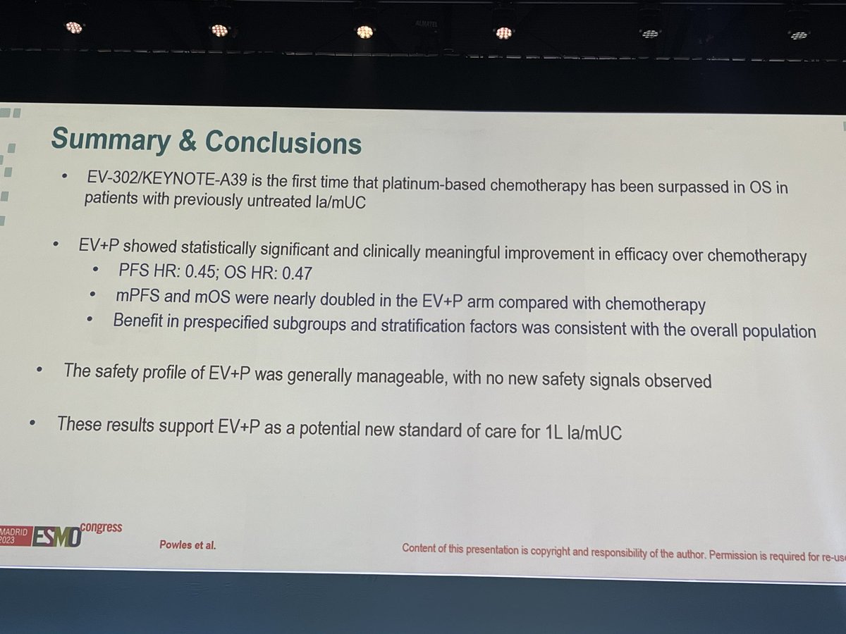 @tompowles1 rocks the stage with practice-changing EV302 trial with impressive OS & PFS benefit with pembro/EV vs chemotherapy! Standing ovation & cheers by 20K people, amazing news for patients! @myESMO #esmo23 @OncoAlert @urotoday awaiting @apolo_andrea really great discussion