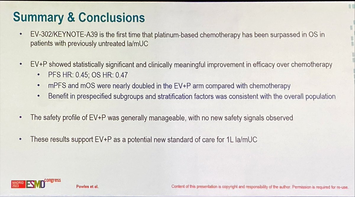 EV302: EV+Pembro vs chemo in 1st line mUC. EV+P showed improved OS, PFS and ORR, nearly doubling OS and PFS vs chemo. Different safety profiles. In my opinion, the most impressive results in mUC in the last decades. #ESMO23