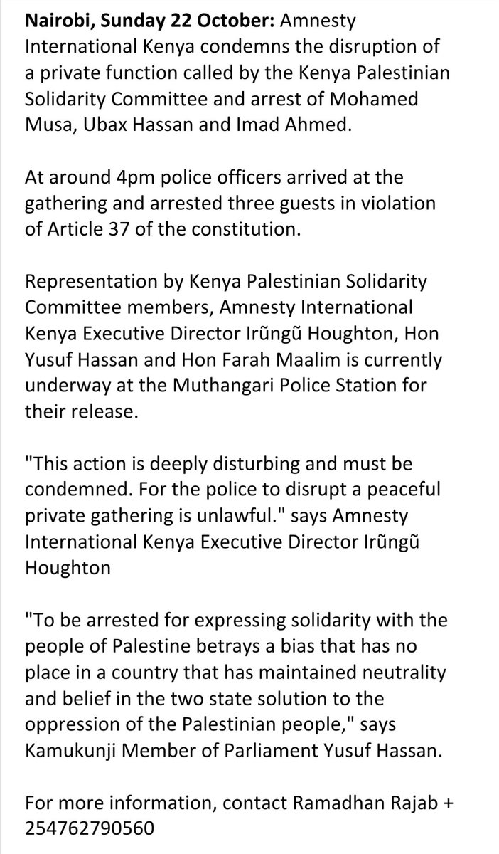 Statement on arrest of three organisers from the Palestine Solidarity Committee this afternoon. <a href="/Kenyans4Pal/">Kenyans4Palestine</a> <a href="/AmnestyKenya/">Amnesty Kenya</a> Present at Muthangari Police Station