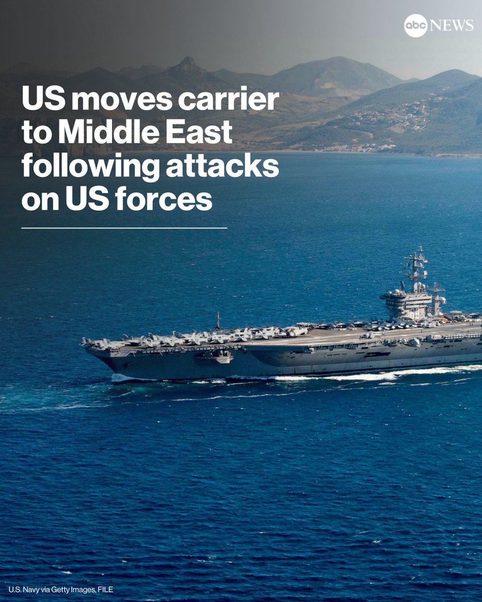 ABC's tweet photo. The Pentagon will send an aircraft carrier and air defense systems to defend U.S. military troops in response to a growing number of attacks on U.S. facilities. https://t.co/p385BJr2xE https://t.co/Sw5lncHYxd