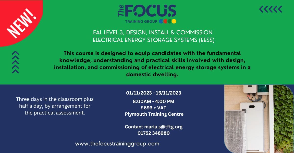 focustrainingsw's tweet image. Don't miss out on the opportunity to supercharge your career in the electrical energy storage industry. Join our new EAL Level 3 course on Design, Install &amp;amp; Commission Electrical Energy Storage Systems (EESS) in Plymouth. Contact maria.s@tftg.org or call 01752 348980 #EESS
