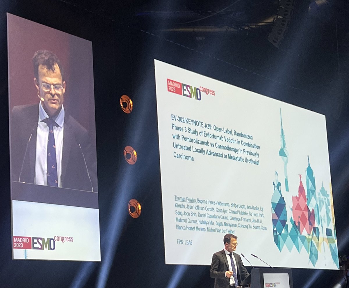 MyriamChalabi's tweet photo. Wonderful presentation of impressive data in patients with mUC by @tompowles1 Mid-presentation 👏 after seeing PFS and OS data, HR 0.45 and 0.47 respectively! My goosebumps are not going away! #ESMO23 @myESMO @OncoAlert @vandeHeijdenLab https://t.co/cxugT8HN8Z