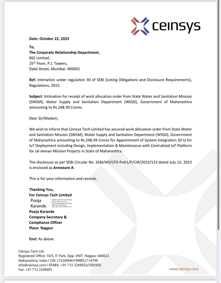 Aditya_joshi12's tweet image. 📢 Breaking News: YET ANOTHER COMPANY gets the SINGLE LARGEST ORDER in its ENTIRE HISTORY 

#CeinsysTech has bagged the single largest order in its history, valued at ~250 Cr. This order is for IOT deployment for Jal Jeevan projects in the state of Maharashtra. Both IOT and water