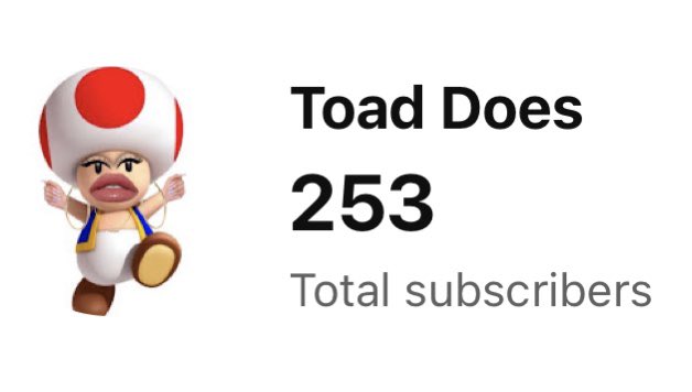 Toad_does's tweet image. After 4 months we hit 253 subs and 26k channel views my Toady friends. Thank you for the support thus far, look forward to the 250 sub special coming in the near future 🍄

Channel link: youtube.com/@toadymctoadfa…

#FNAFMovie #toad #mario #nintendo