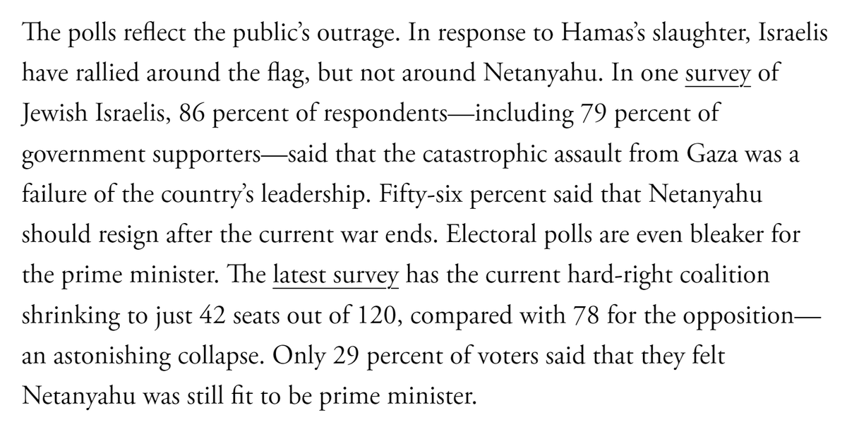 In response to Hamas’s slaughter, Israelis have rallied around the flag, but not around Netanyahu. The latest survey has the current hard-right coalition shrinking to just 42 seats out of 120, compared with 78 for the opposition. theatlantic.com/international/…